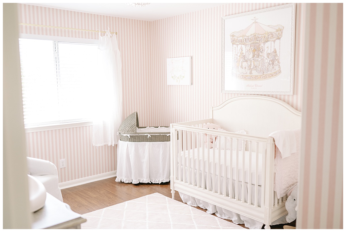 Elegant pink baby girl nursery taken during their in-home newborn session in San Antonio, TX taken by Teressa Jane Photography, a San Antonio Newborn Photographer.
